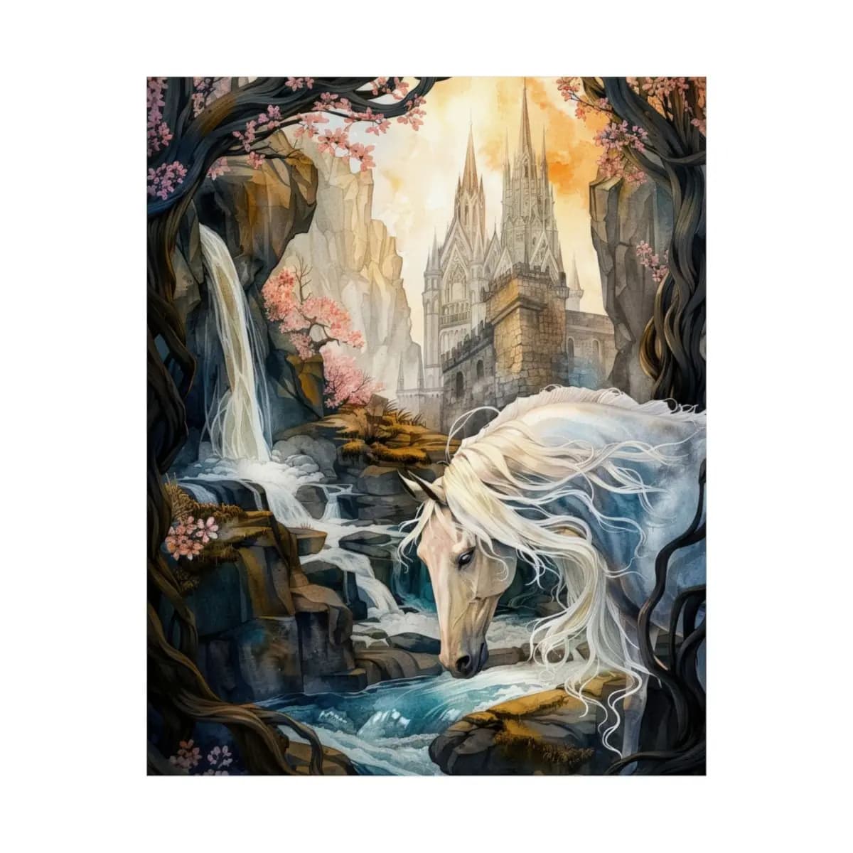 White Unicorn at the Gothic Castle Waterfall - Matte Vertical Posters mockup angle 2