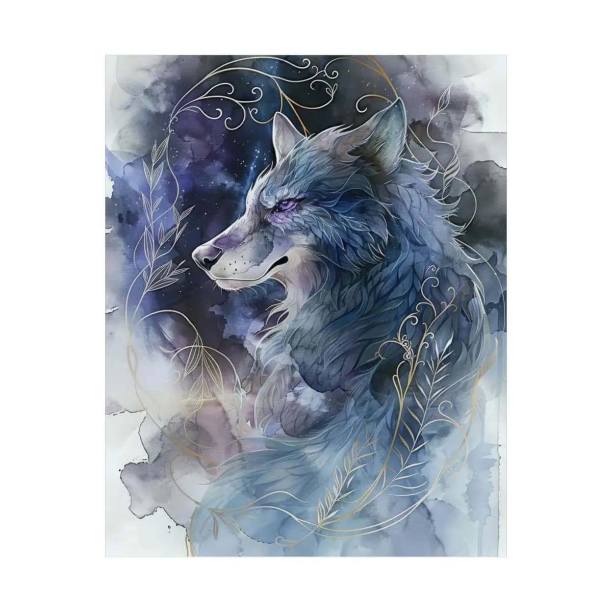 Celestial Wolf with Golden Vines and Starlit Sky - Matte Vertical Posters mockup angle 2