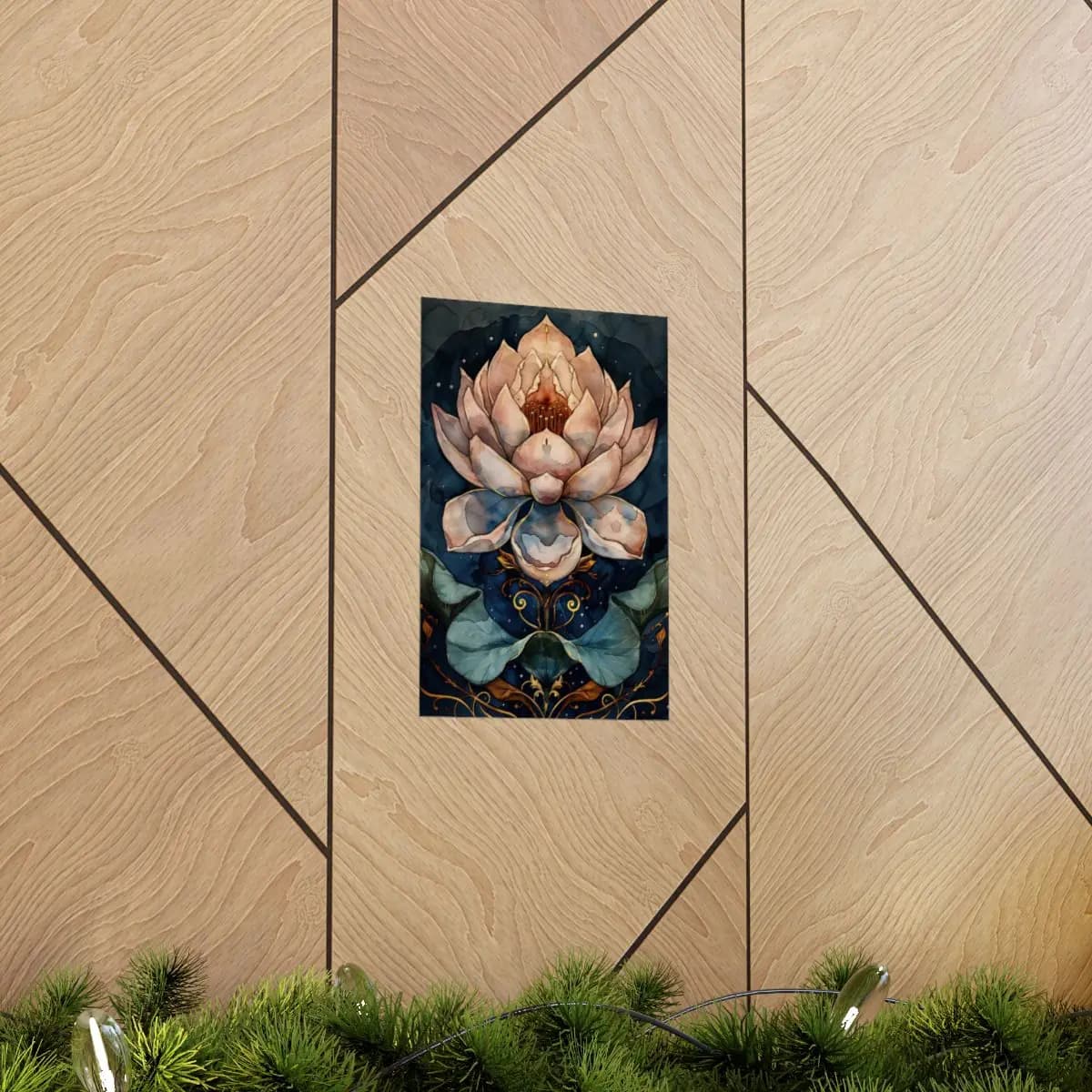 Sacred Lotus with Nocturnal Golden Ornaments - Matte Vertical Posters mockup angle 5