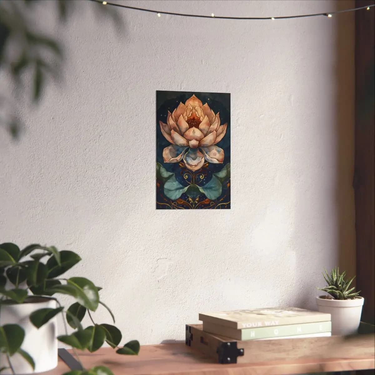Sacred Lotus with Nocturnal Golden Ornaments - Matte Vertical Posters mockup angle 6