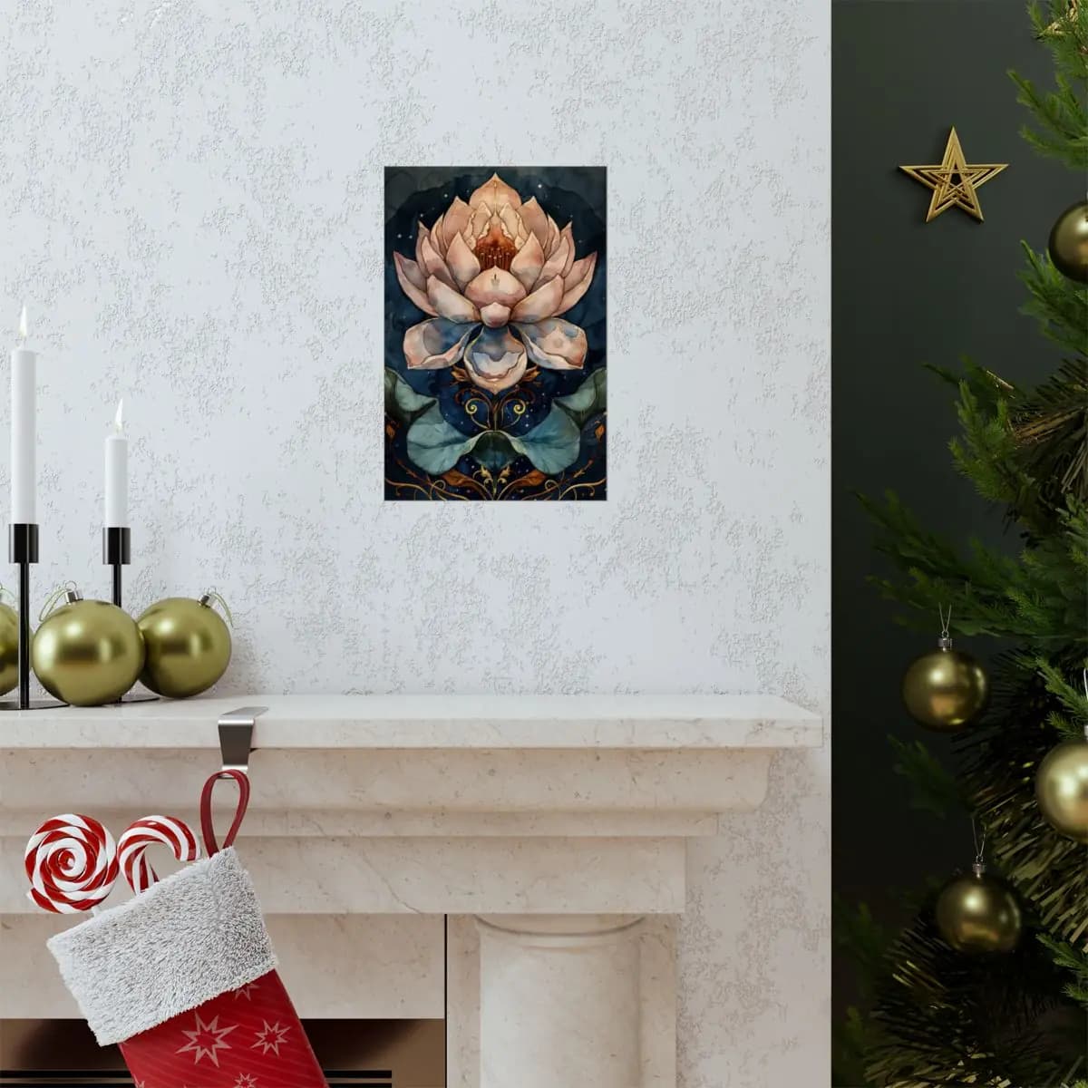 Sacred Lotus with Nocturnal Golden Ornaments - Matte Vertical Posters mockup angle 7