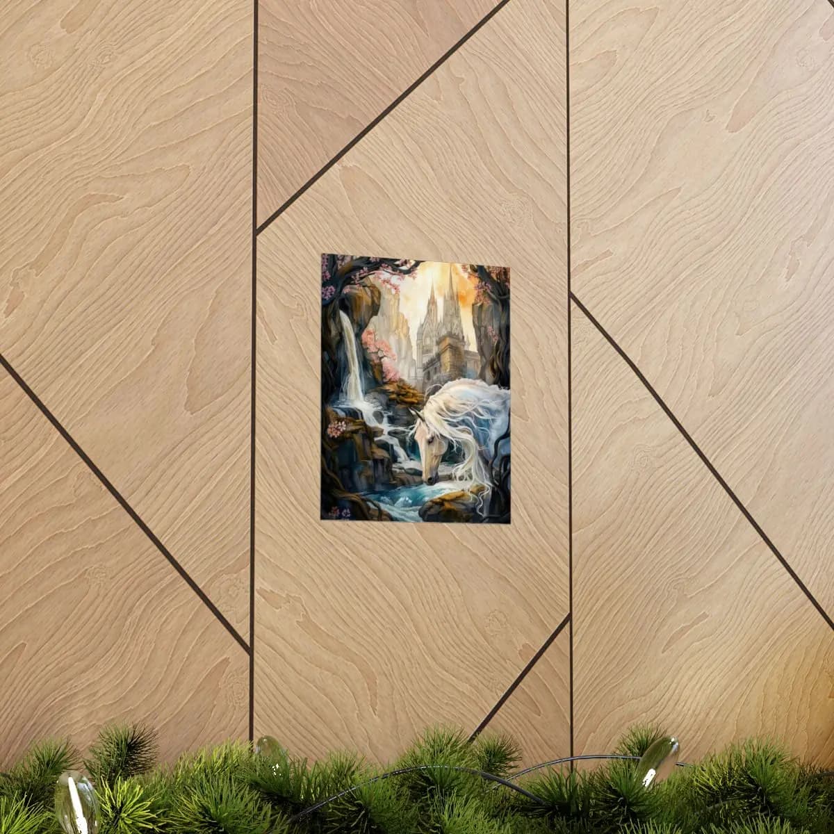 White Unicorn at the Gothic Castle Waterfall - Matte Vertical Posters mockup angle 5