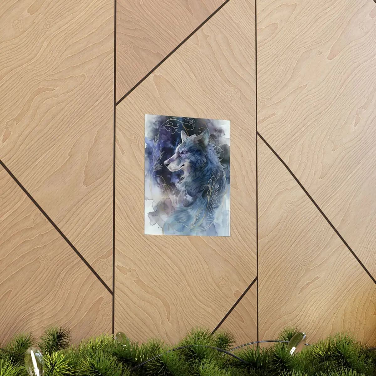 Celestial Wolf with Golden Vines and Starlit Sky - Matte Vertical Posters mockup angle 5