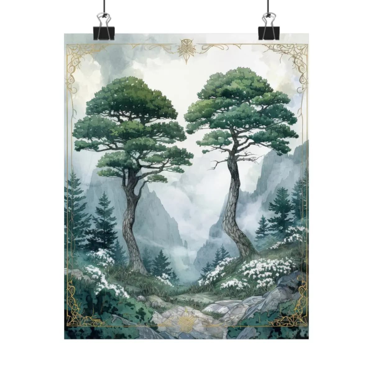 Two Majestic Pines at the Mountain's Edge - Matte Vertical Posters mockup angle 1