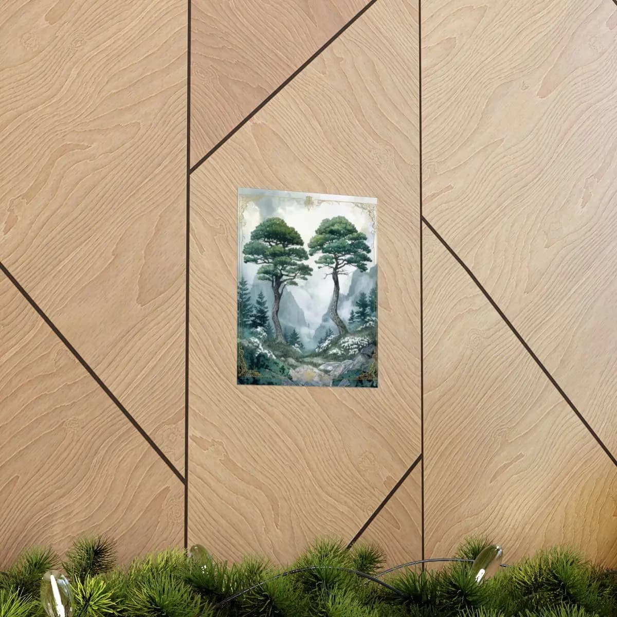 Two Majestic Pines at the Mountain's Edge - Matte Vertical Posters mockup angle 5