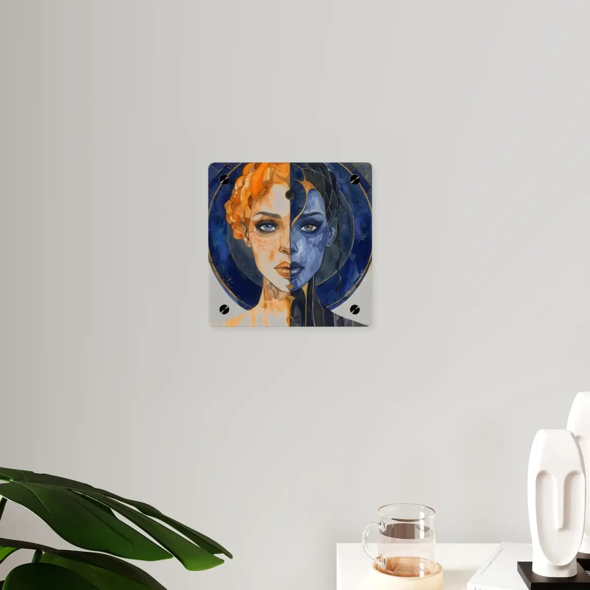 Celestial Duality — A Woman of Light and Shadow - Acrylic Wall Art Panels mockup angle 3