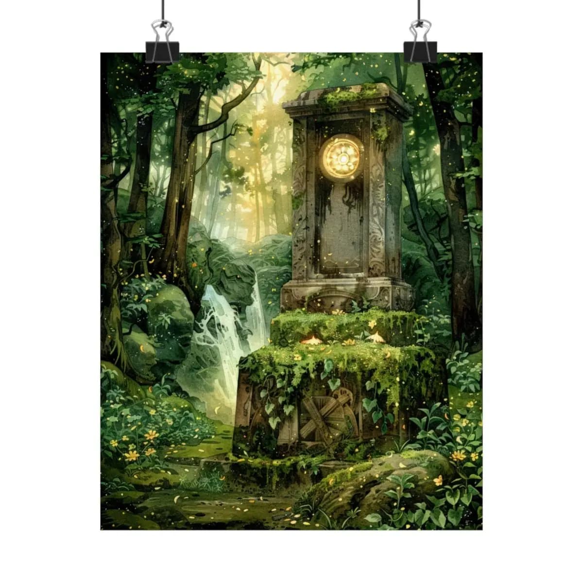Ancient Stone Clock in the Heart of an Enchanted Forest - Matte Vertical Posters mockup angle 1