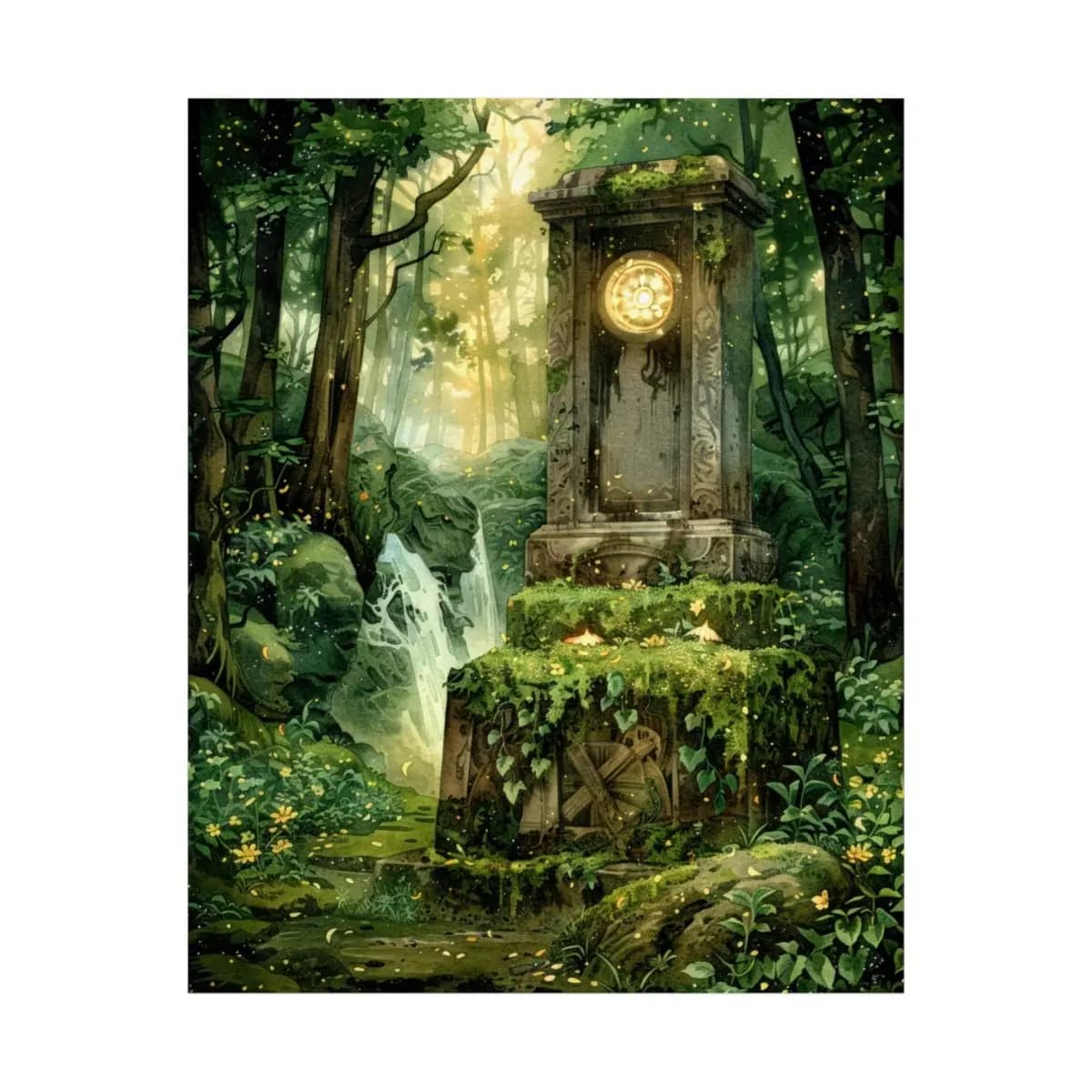 Ancient Stone Clock in the Heart of an Enchanted Forest - Matte Vertical Posters mockup angle 2
