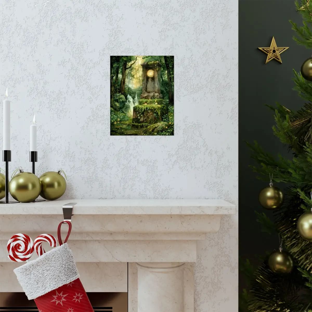 Ancient Stone Clock in the Heart of an Enchanted Forest - Matte Vertical Posters mockup angle 7