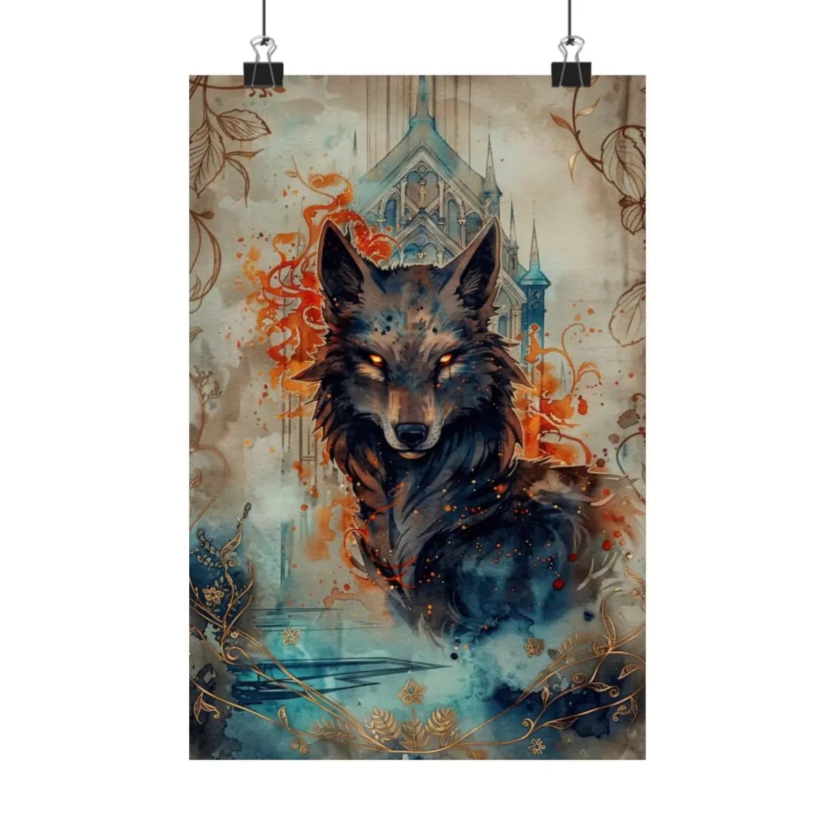 The Ember-Eyed Wolf Before the Gothic Cathedral - Matte Vertical Posters mockup angle 1