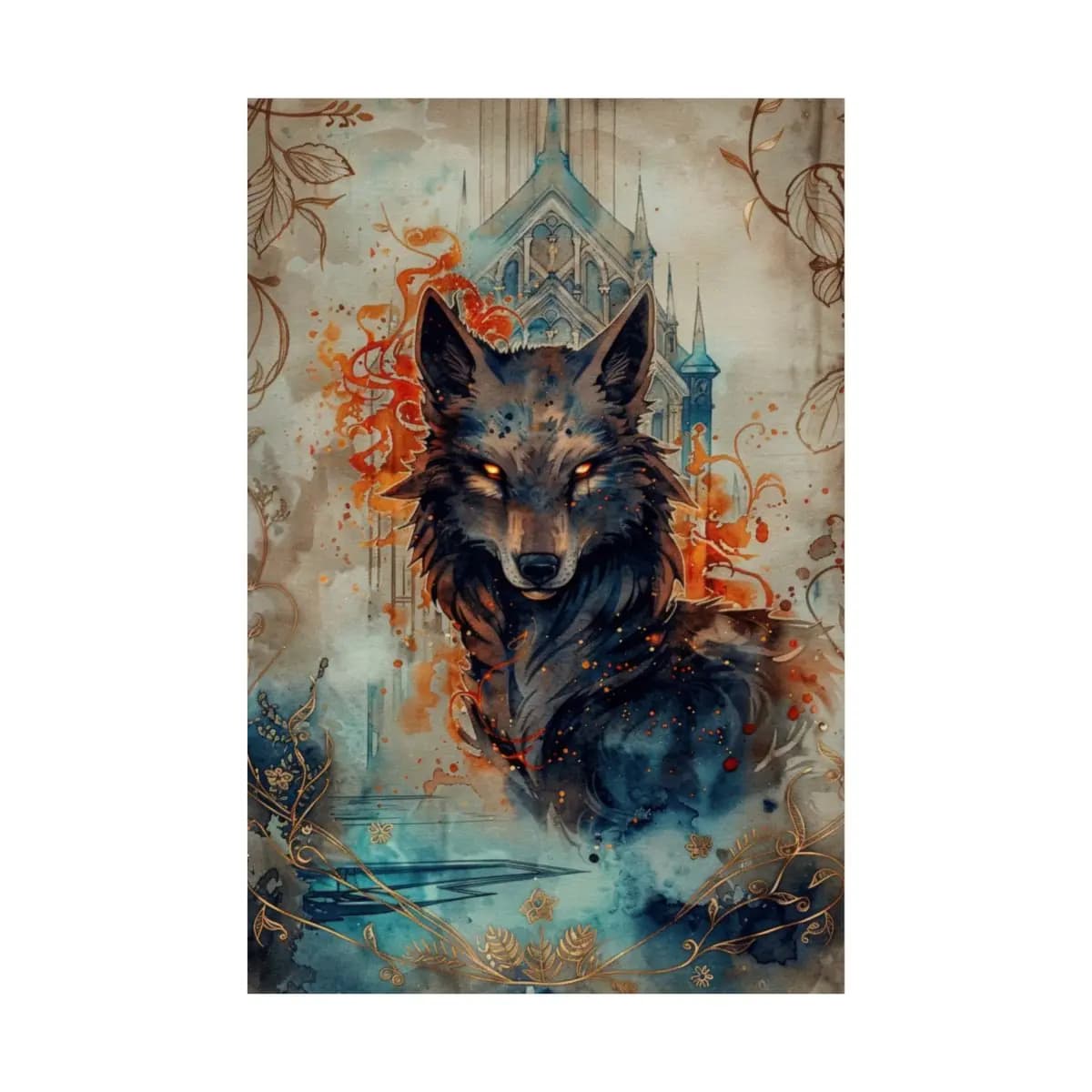 The Ember-Eyed Wolf Before the Gothic Cathedral - Matte Vertical Posters mockup angle 2