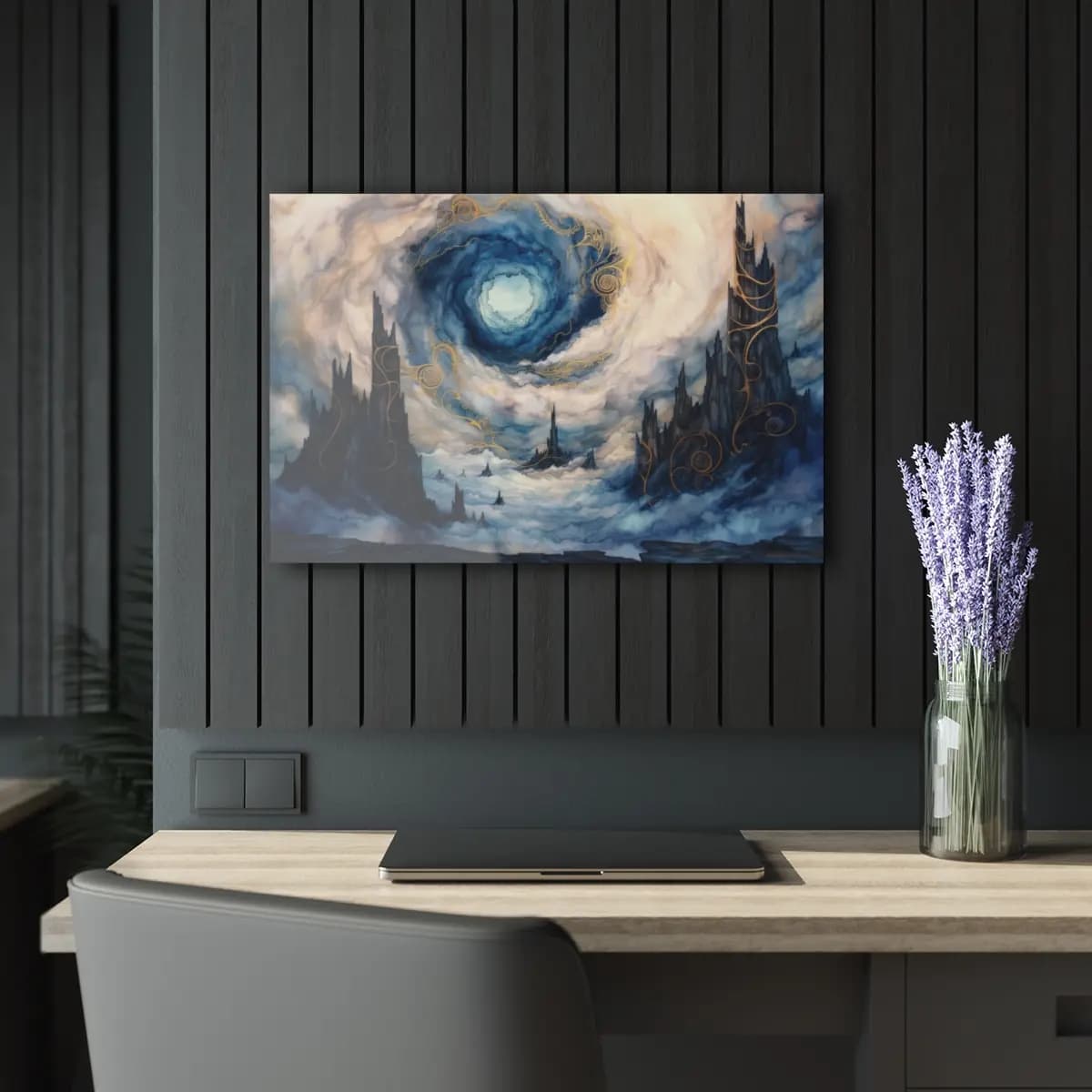 The Celestial Vortex Above Dark Spires - Acrylic Prints (French Cleat Hanging) mockup angle 5