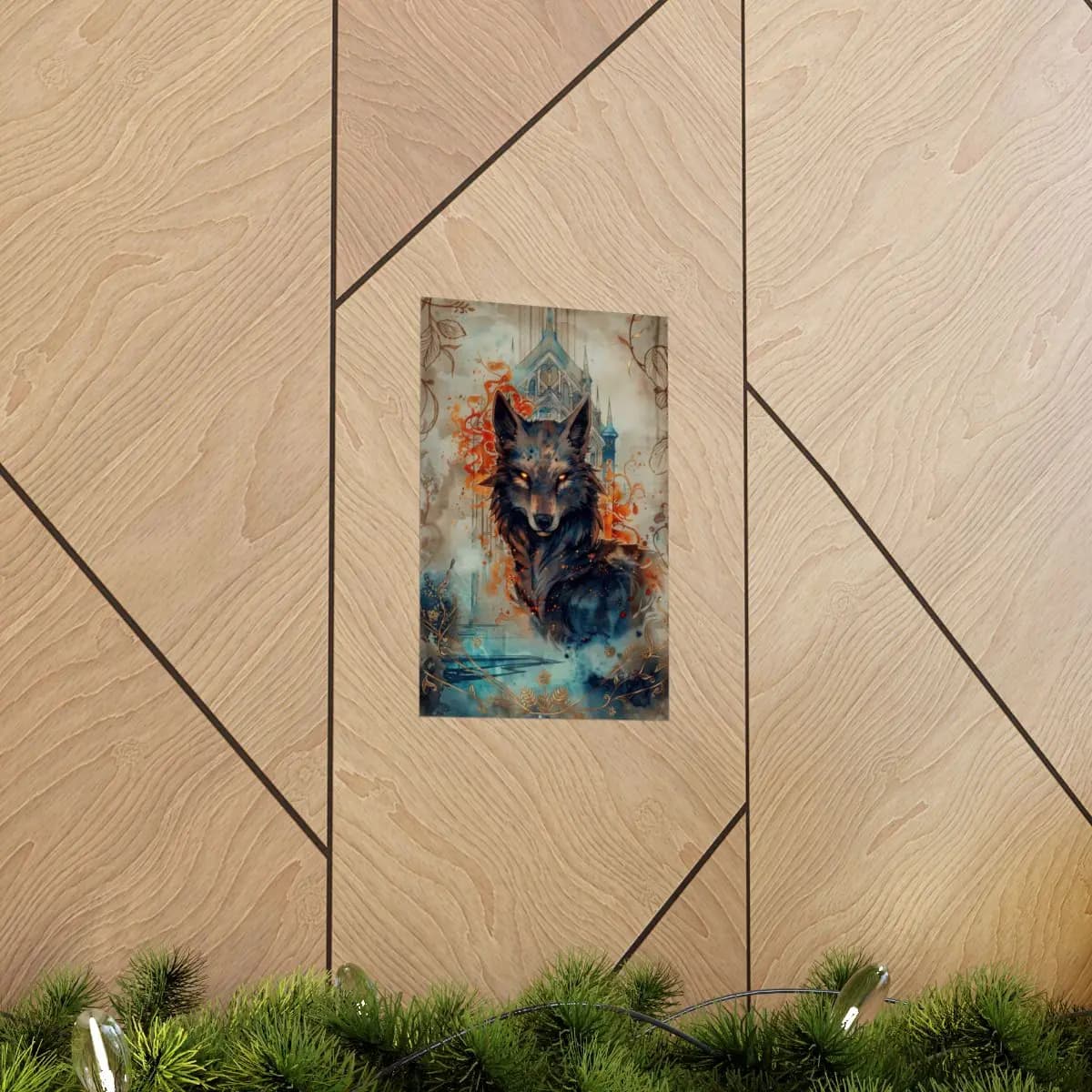 The Ember-Eyed Wolf Before the Gothic Cathedral - Matte Vertical Posters mockup angle 5