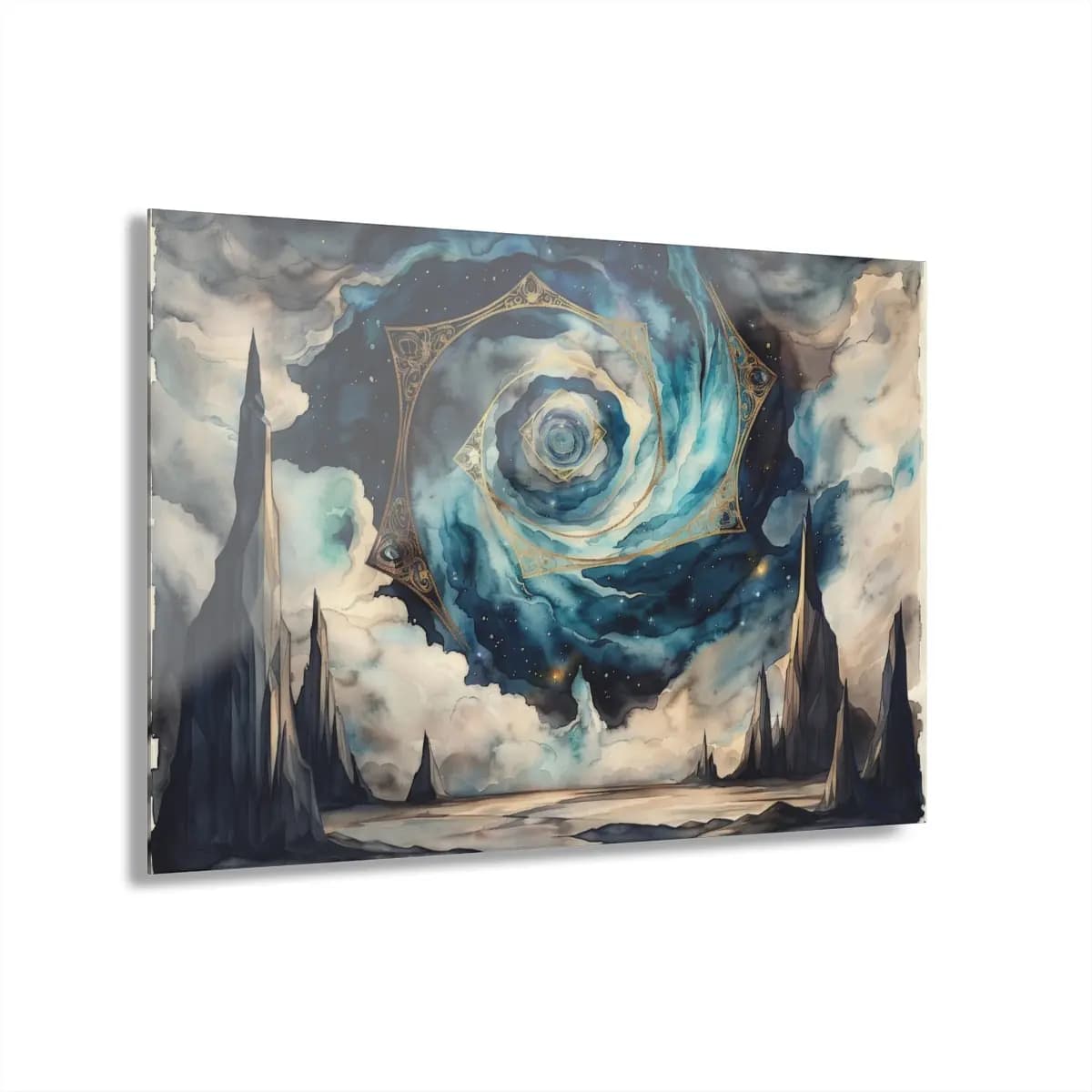 Celestial Portal with Stars and Black Stone Spires - Acrylic Prints (French Cleat Hanging) mockup angle 1