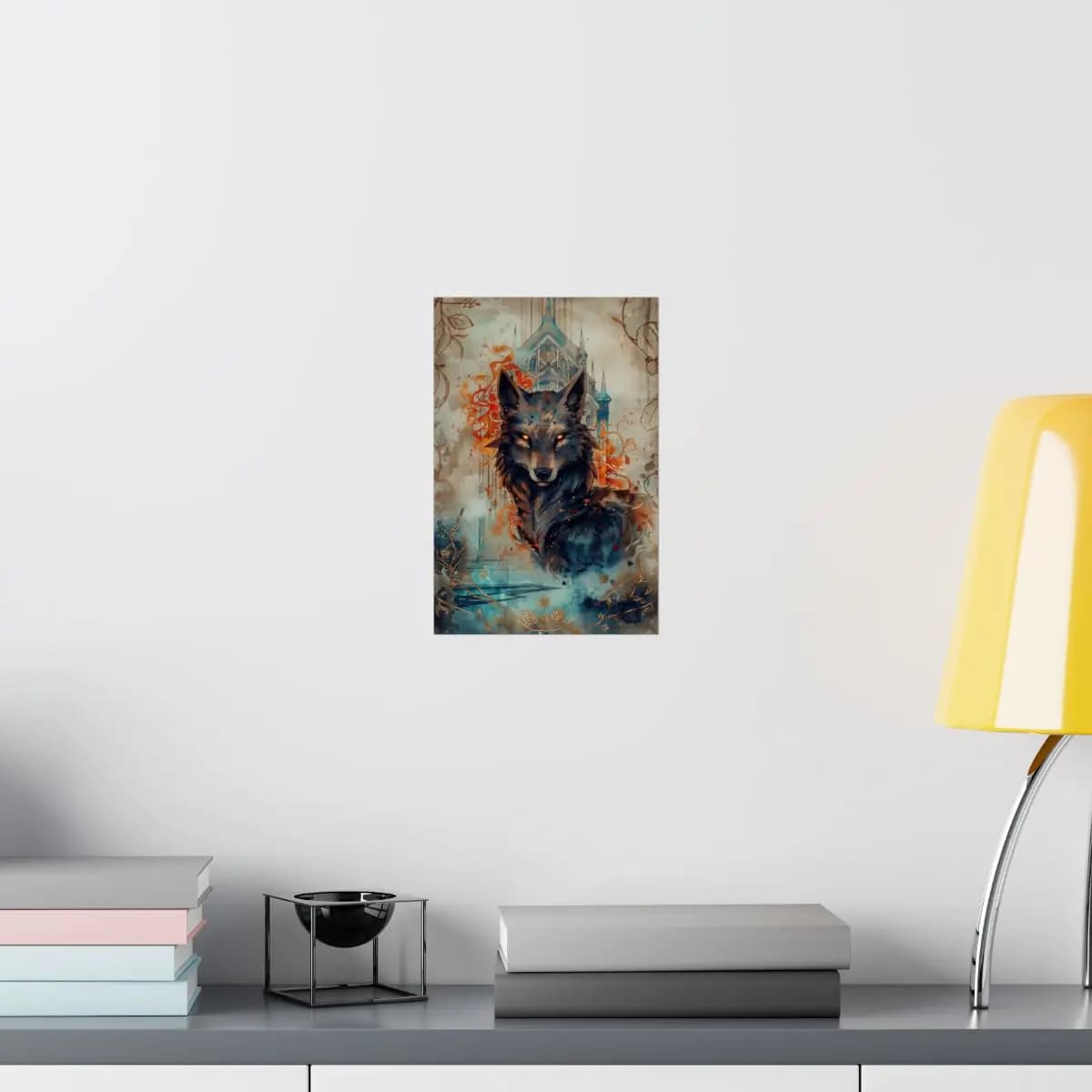The Ember-Eyed Wolf Before the Gothic Cathedral - Matte Vertical Posters mockup angle 8