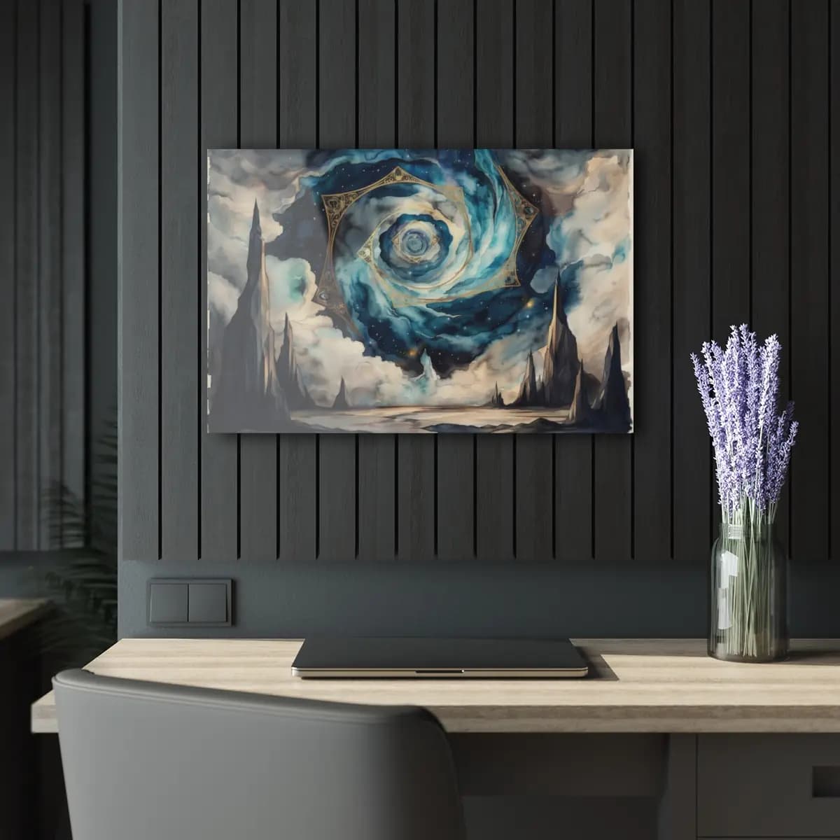 Celestial Portal with Stars and Black Stone Spires - Acrylic Prints (French Cleat Hanging) mockup angle 5