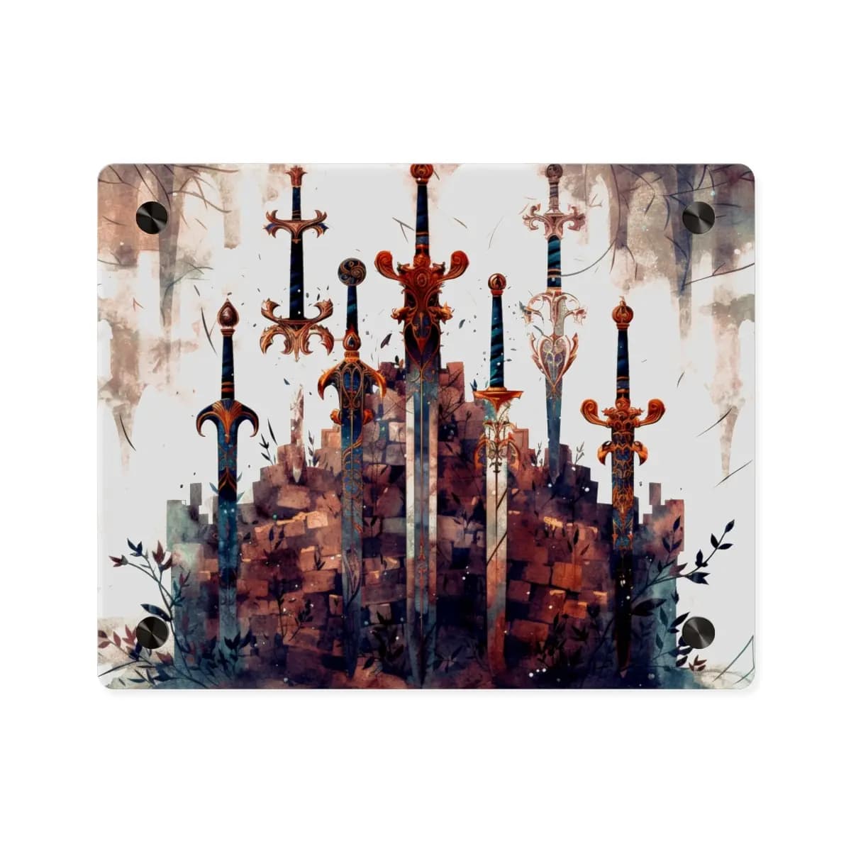 Seven Ornate Swords Rising from Fortress Ruins - Acrylic Wall Art Panels mockup angle 1