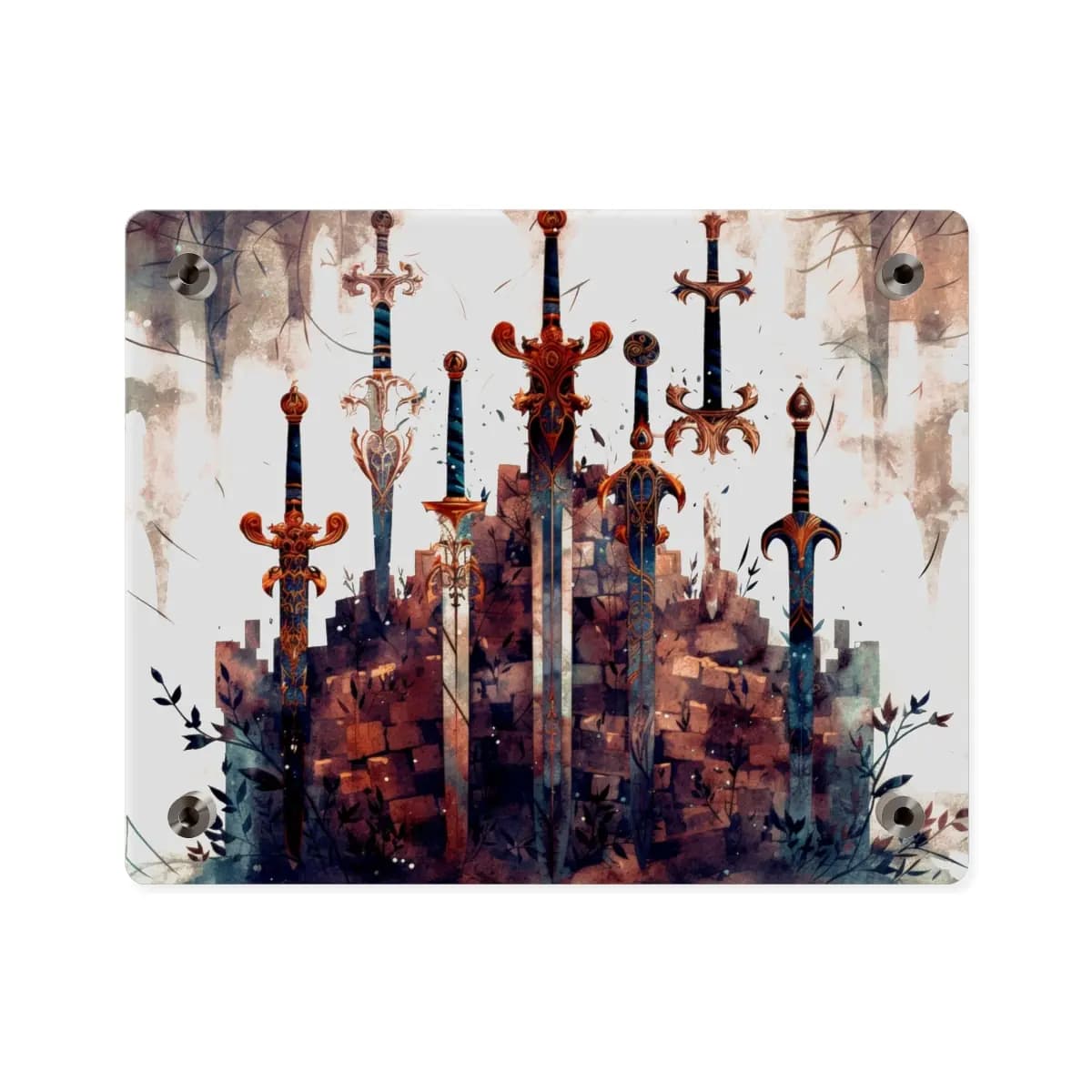 Seven Ornate Swords Rising from Fortress Ruins - Acrylic Wall Art Panels mockup angle 2