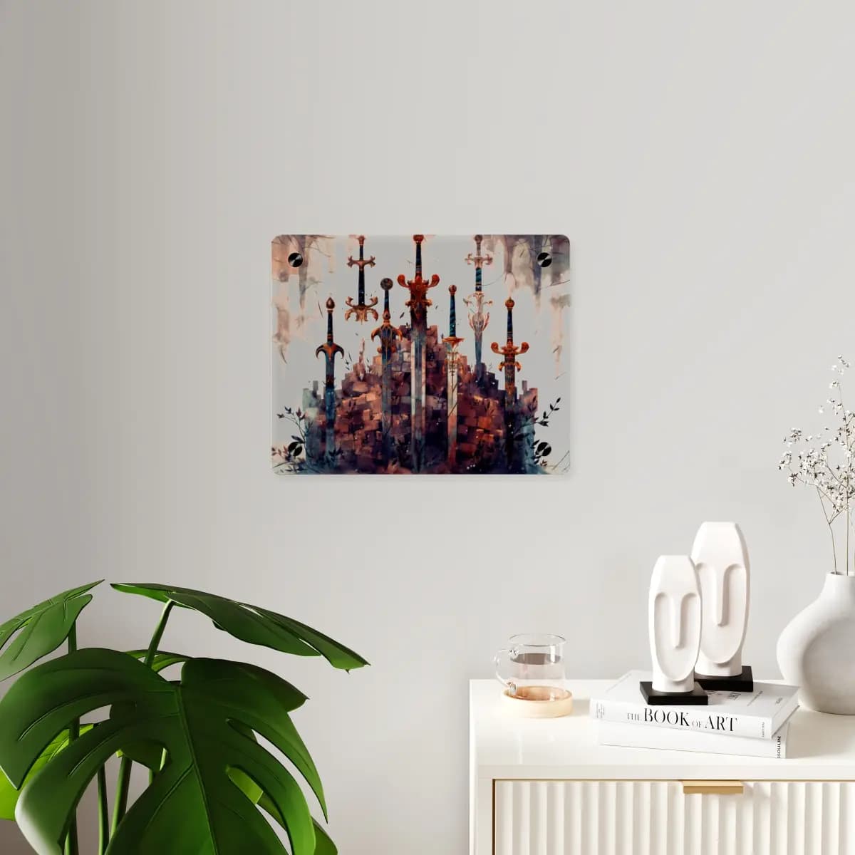 Seven Ornate Swords Rising from Fortress Ruins - Acrylic Wall Art Panels mockup angle 3