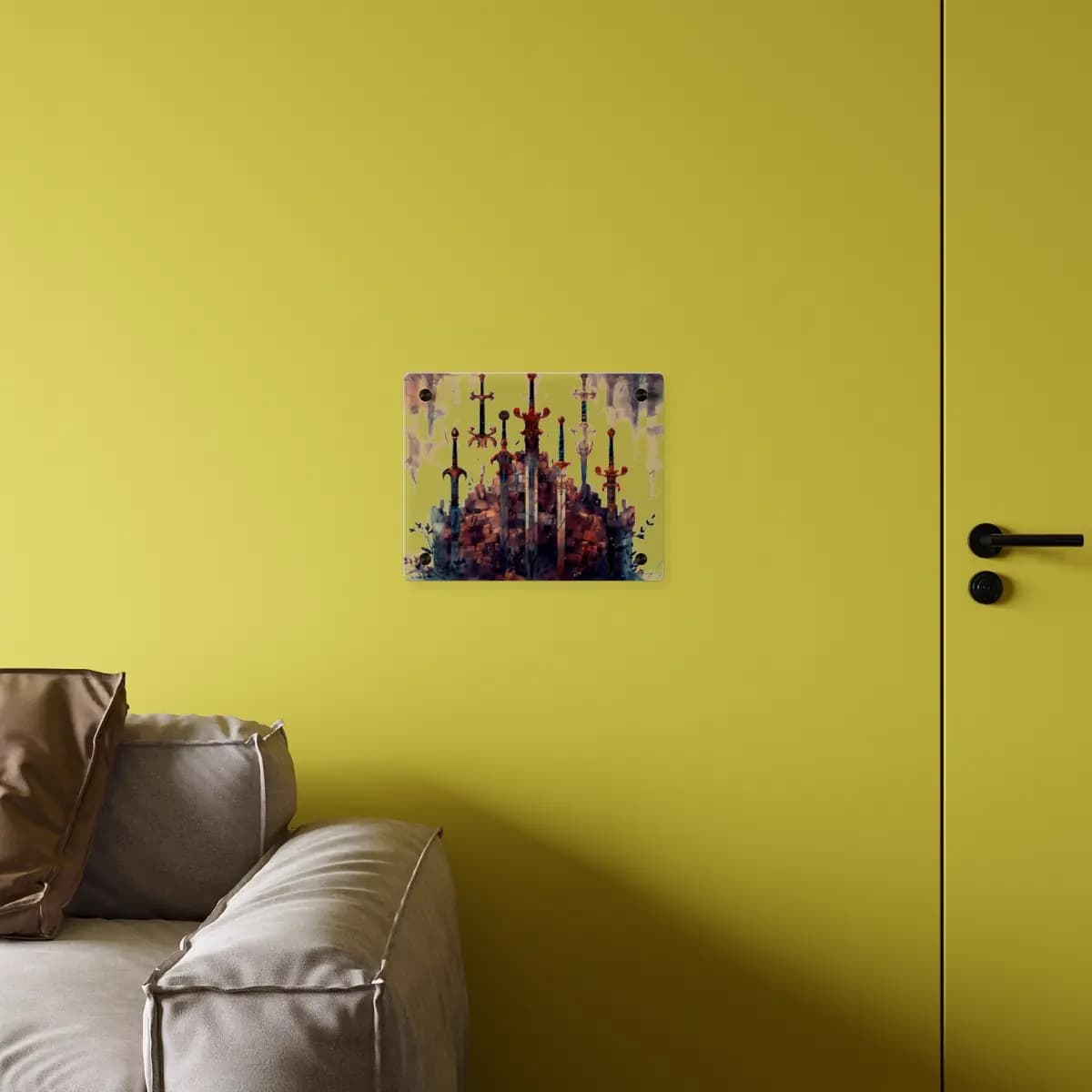 Seven Ornate Swords Rising from Fortress Ruins - Acrylic Wall Art Panels mockup angle 4