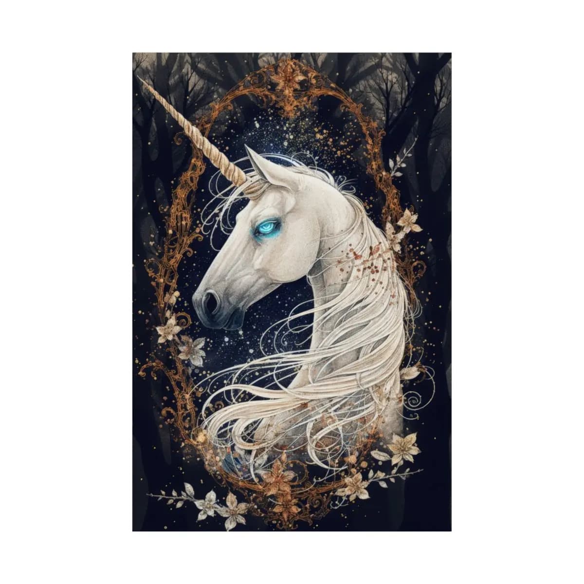 Mystic Unicorn with Glacial Blue Eyes - Matte Vertical Posters mockup angle 2