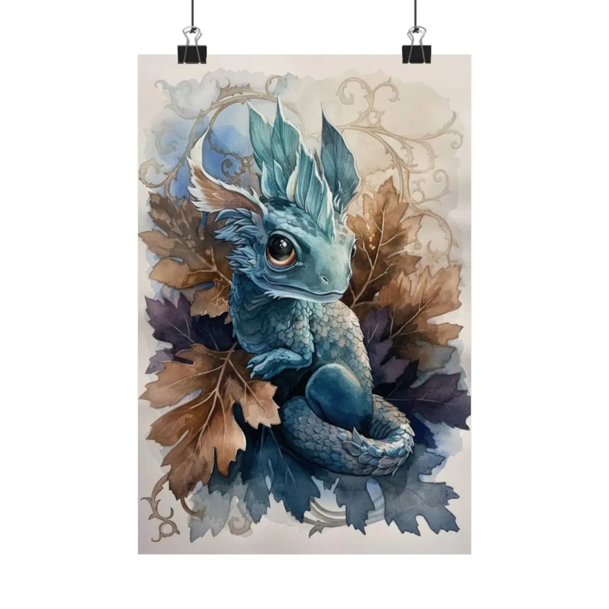 Baby Blue Dragon Nestled in Autumn Oak Leaves - Matte Vertical Posters mockup angle 1
