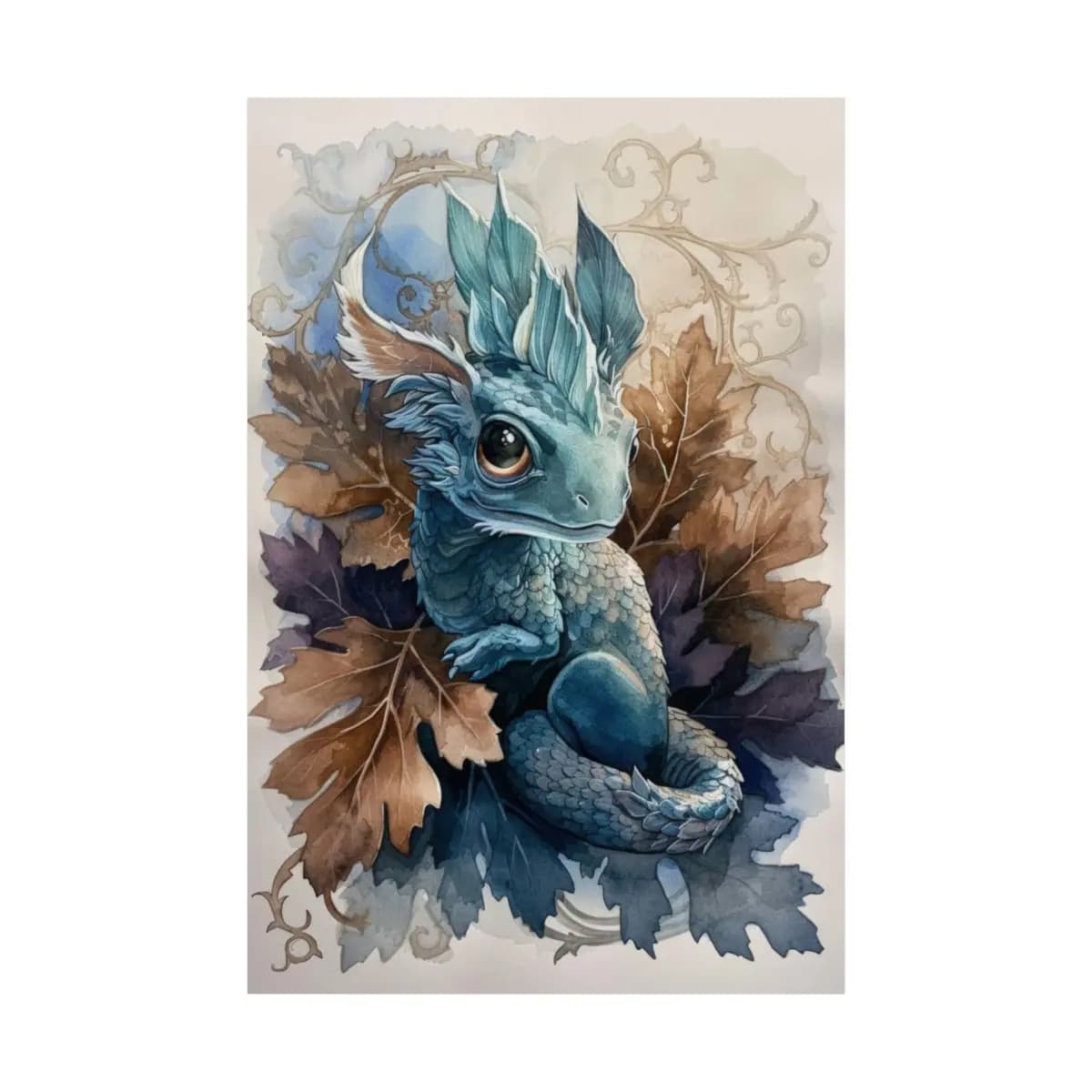 Baby Blue Dragon Nestled in Autumn Oak Leaves - Matte Vertical Posters mockup angle 2