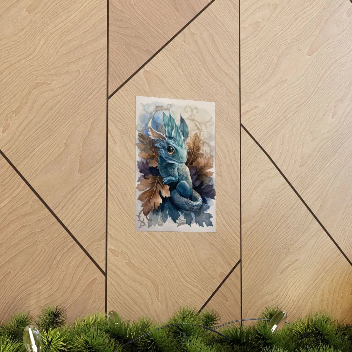 Baby Blue Dragon Nestled in Autumn Oak Leaves - Matte Vertical Posters mockup angle 5