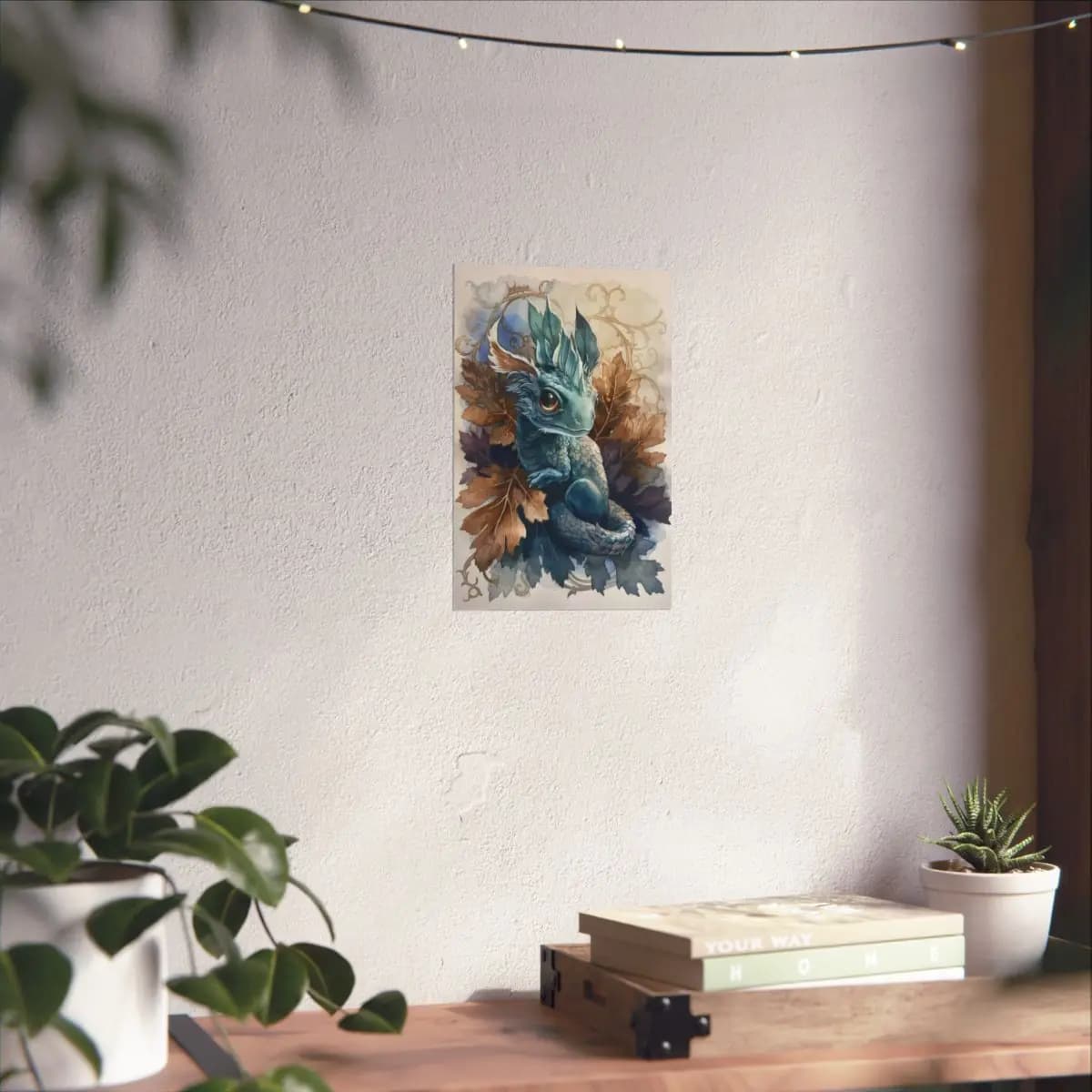 Baby Blue Dragon Nestled in Autumn Oak Leaves - Matte Vertical Posters mockup angle 6