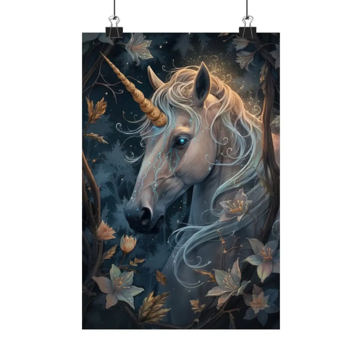 The Unicorn with Blue Light Tears - Matte Vertical Posters mockup angle 1