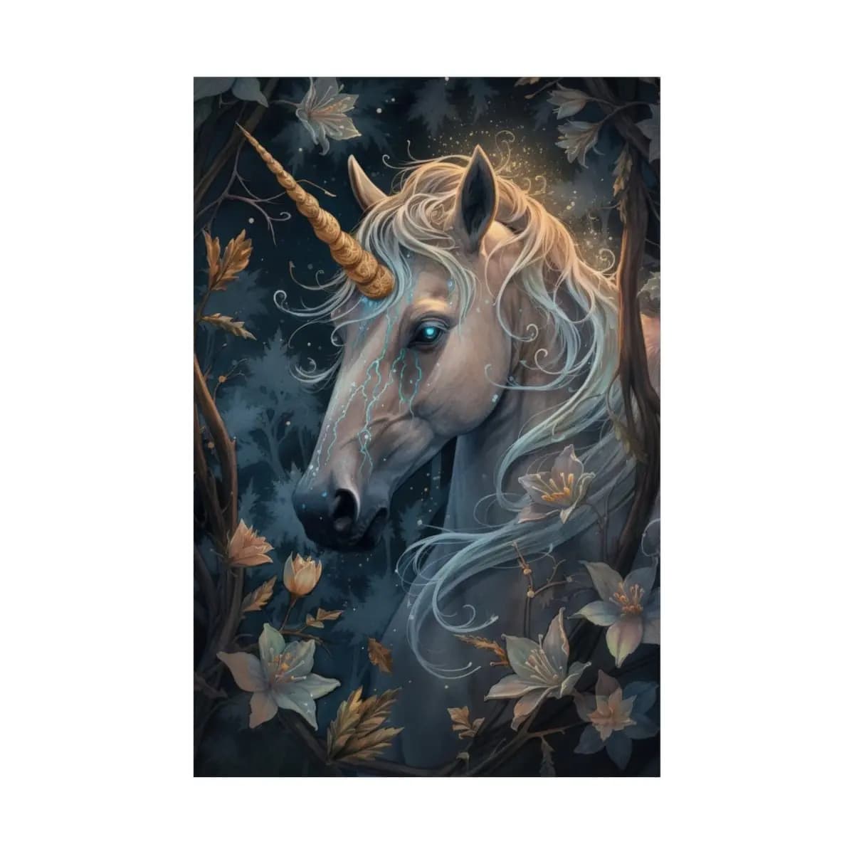 The Unicorn with Blue Light Tears - Matte Vertical Posters mockup angle 2