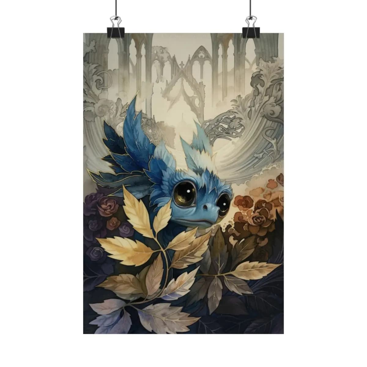 Blue Dragon Nestled Among Gothic Ruins - Matte Vertical Posters mockup angle 1