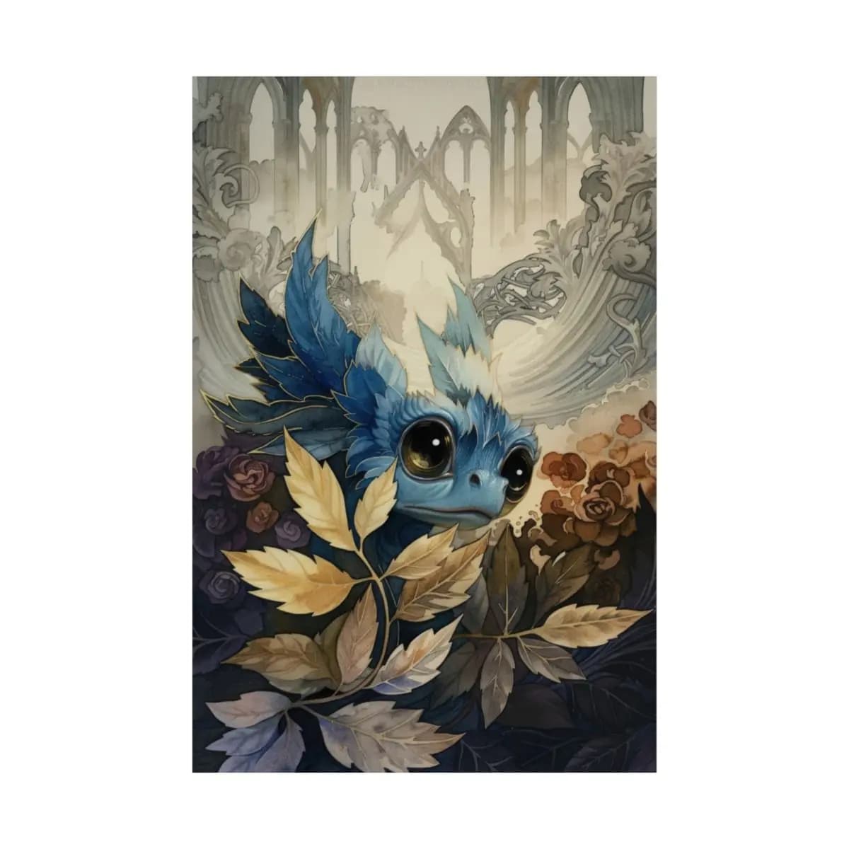 Blue Dragon Nestled Among Gothic Ruins - Matte Vertical Posters mockup angle 2