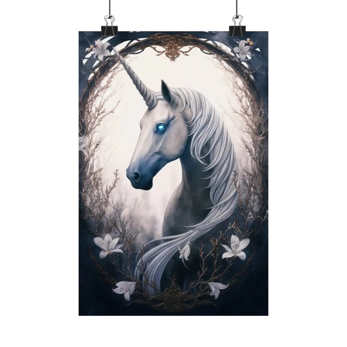The Unicorn with Celestial Glowing Eyes - Matte Vertical Posters mockup angle 1