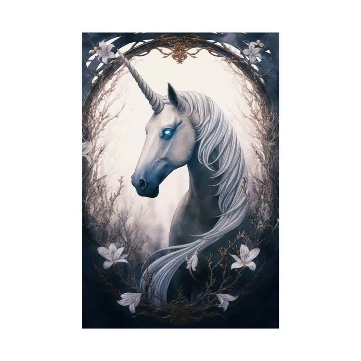 The Unicorn with Celestial Glowing Eyes - Matte Vertical Posters mockup angle 2