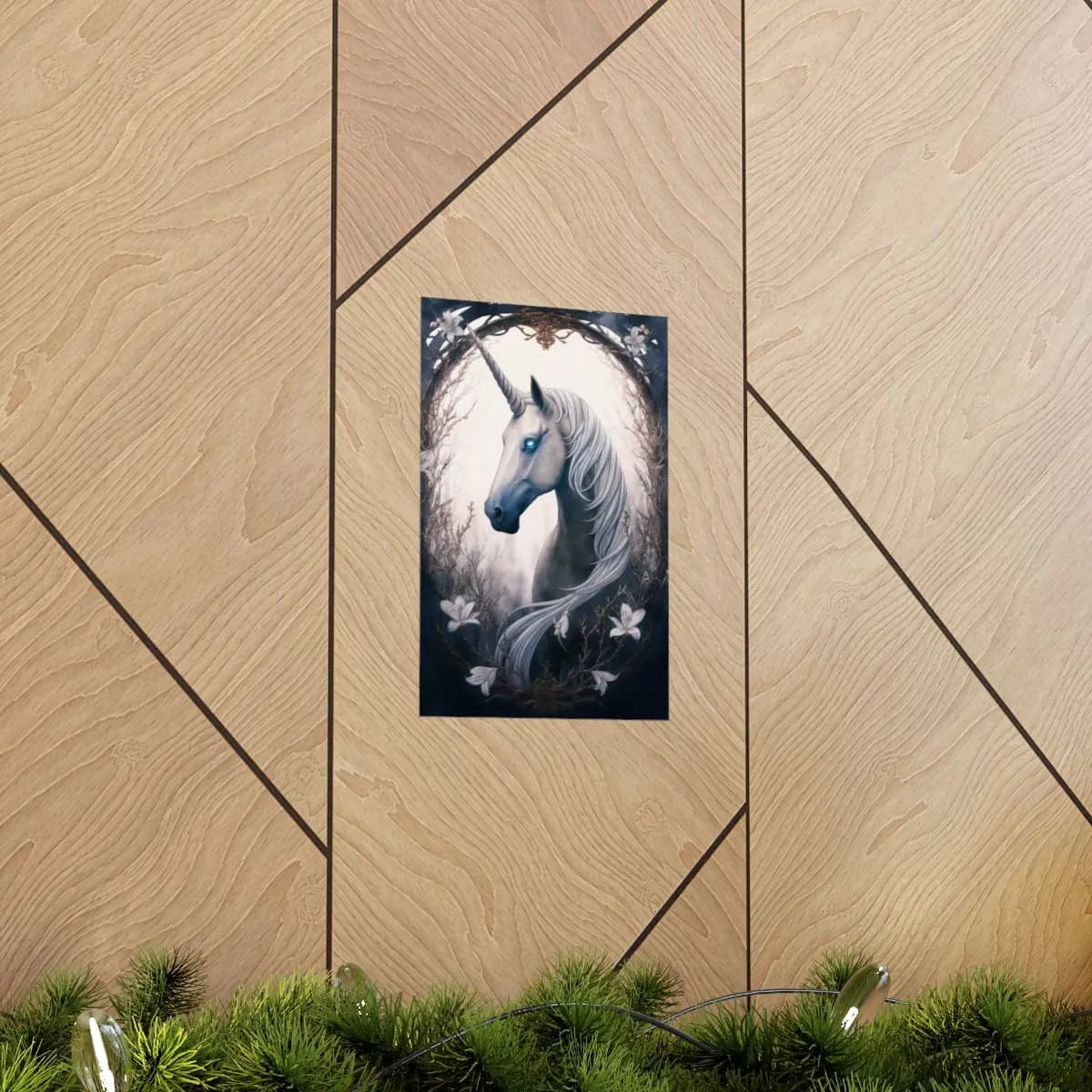 The Unicorn with Celestial Glowing Eyes - Matte Vertical Posters mockup angle 5
