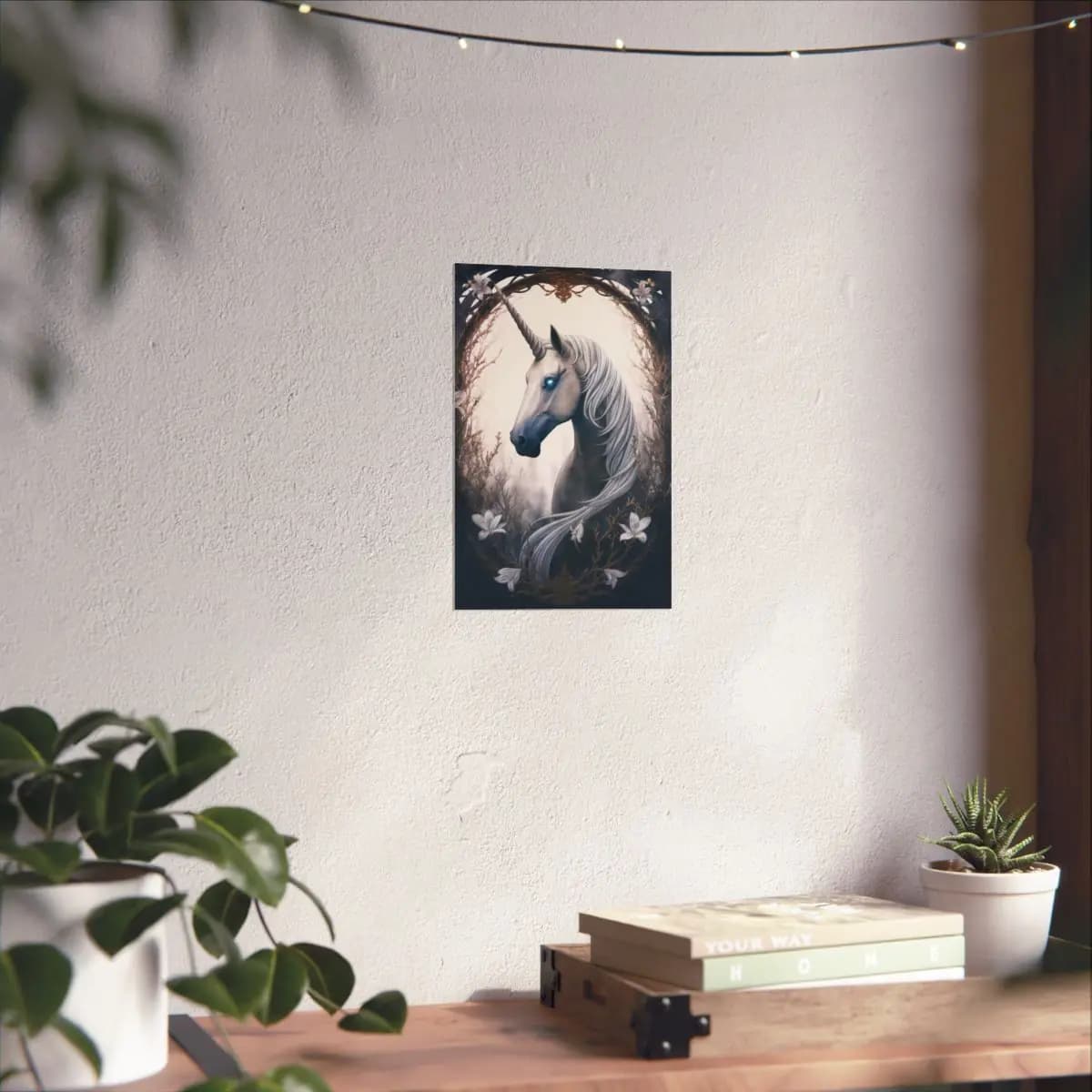 The Unicorn with Celestial Glowing Eyes - Matte Vertical Posters mockup angle 6