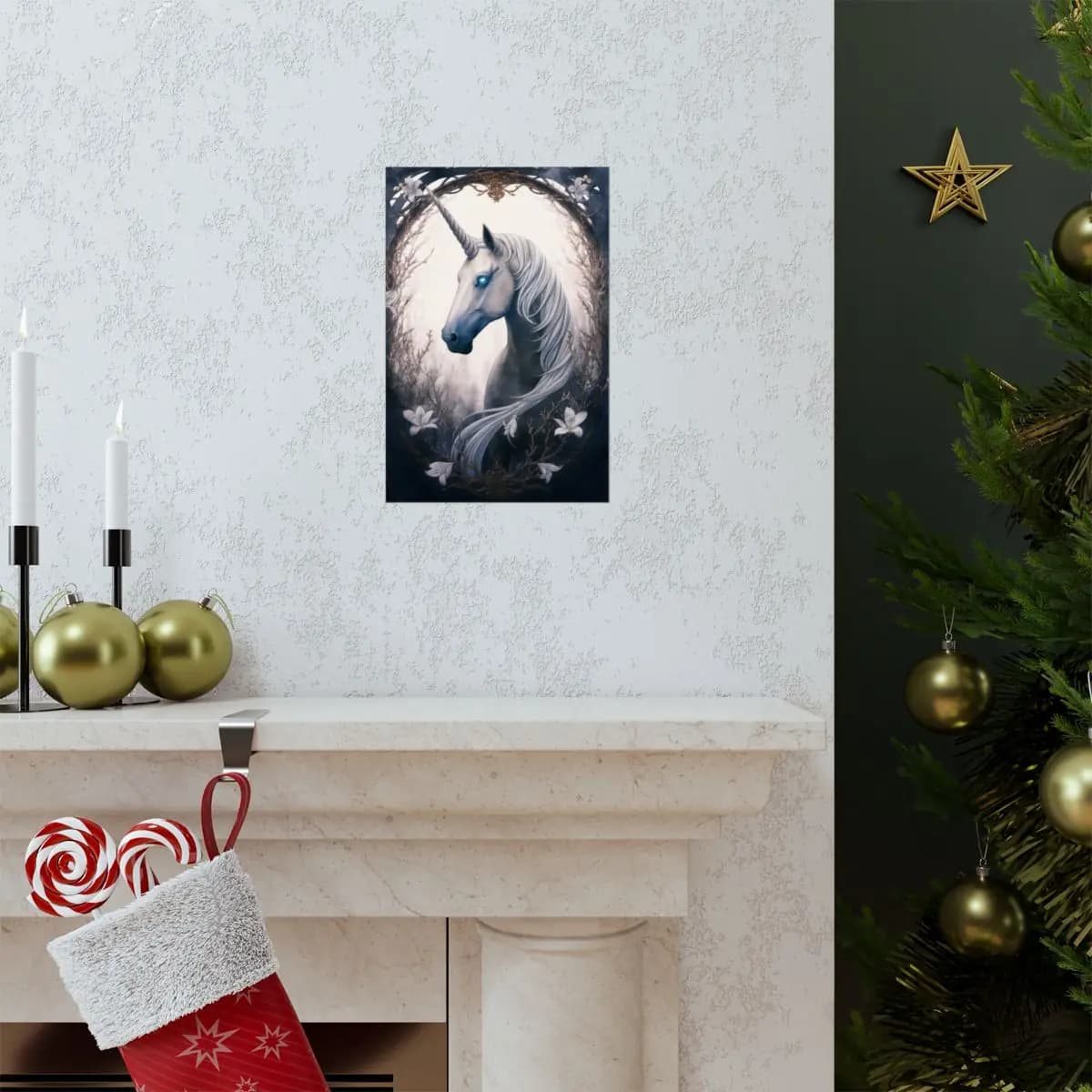 The Unicorn with Celestial Glowing Eyes - Matte Vertical Posters mockup angle 7