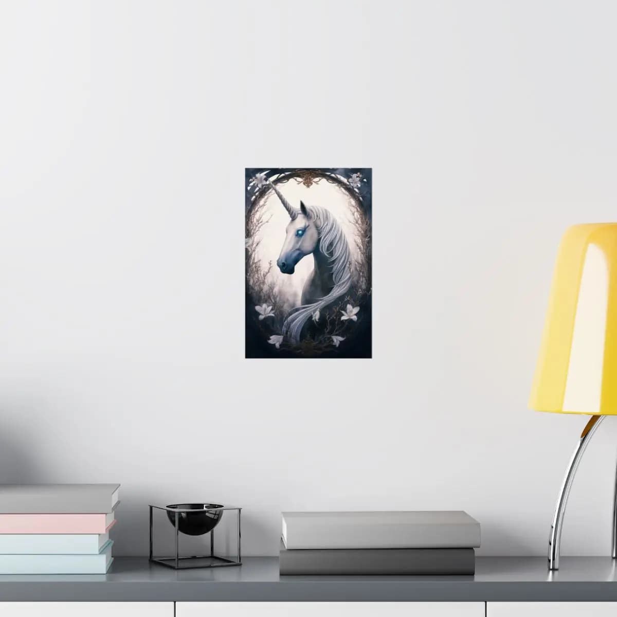 The Unicorn with Celestial Glowing Eyes - Matte Vertical Posters mockup angle 8