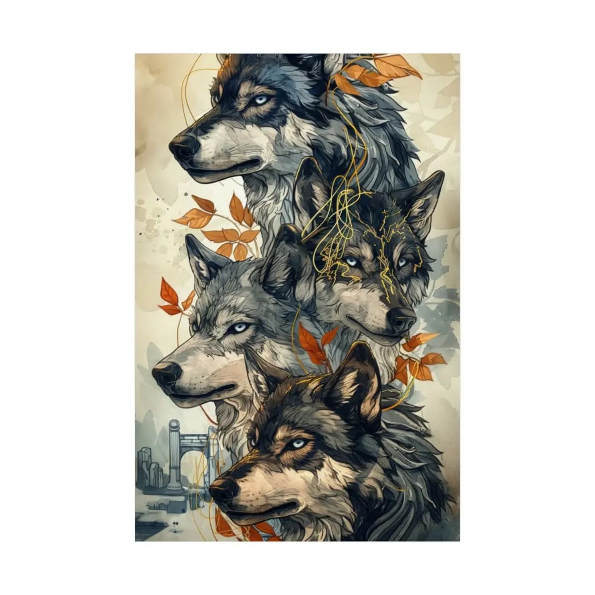 Blue-Eyed Wolf Pack Among Autumn Leaves - Matte Vertical Posters mockup angle 2