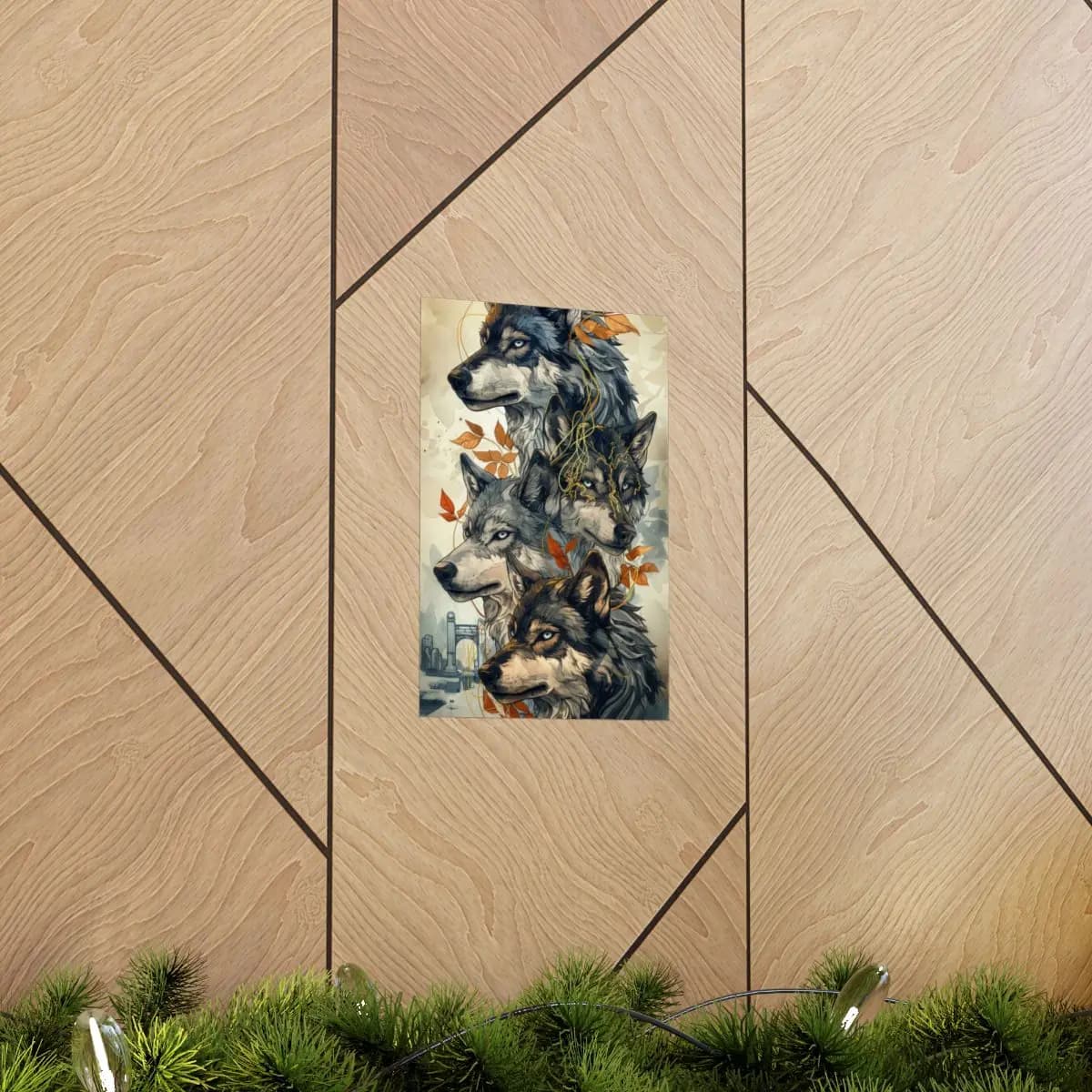 Blue-Eyed Wolf Pack Among Autumn Leaves - Matte Vertical Posters mockup angle 5
