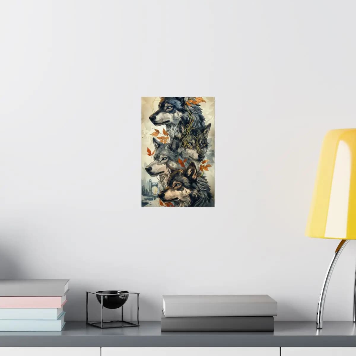 Blue-Eyed Wolf Pack Among Autumn Leaves - Matte Vertical Posters mockup angle 8