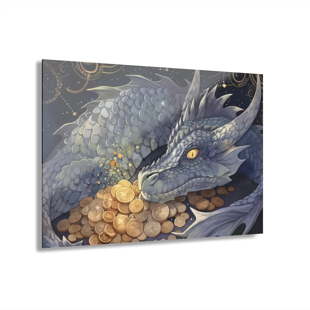 Silver Dragon Guardian of a Celestial Treasure - Acrylic Prints (French Cleat Hanging) mockup angle 1