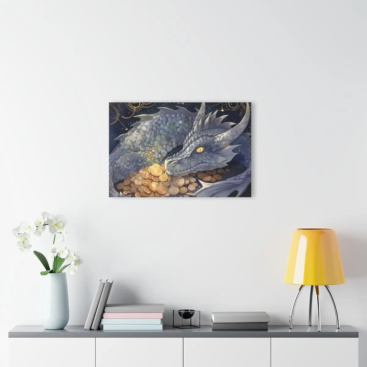 Silver Dragon Guardian of a Celestial Treasure - Acrylic Prints (French Cleat Hanging) mockup angle 4