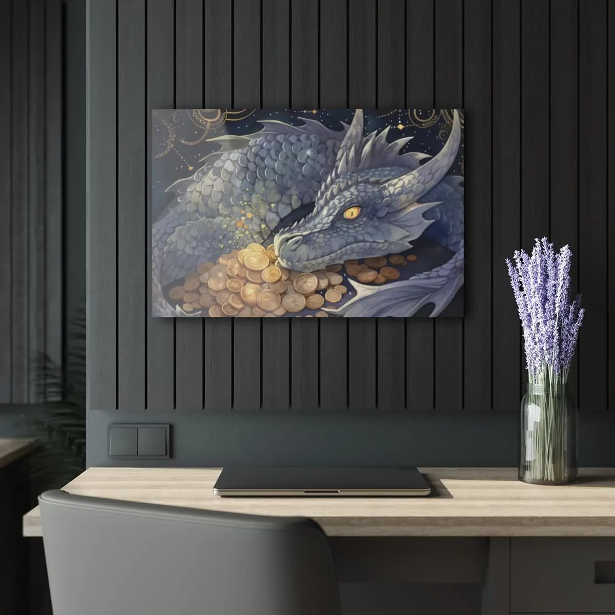 Silver Dragon Guardian of a Celestial Treasure - Acrylic Prints (French Cleat Hanging) mockup angle 5