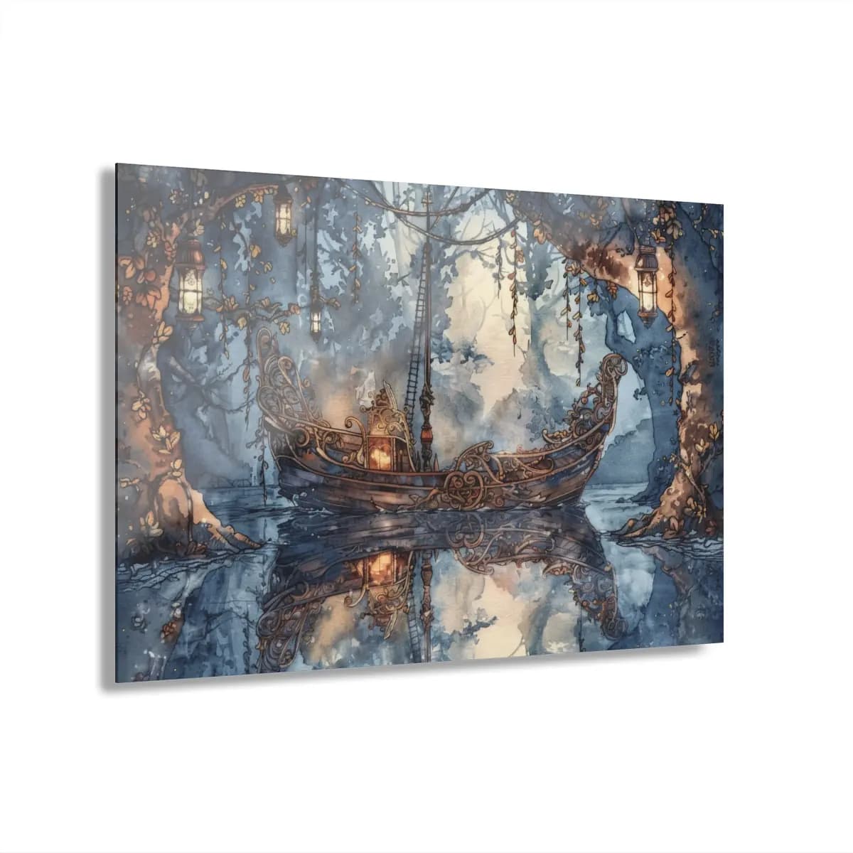 Ornate Vessel Drifting Through an Enchanted Forest River - Acrylic Prints (French Cleat Hanging) mockup angle 1