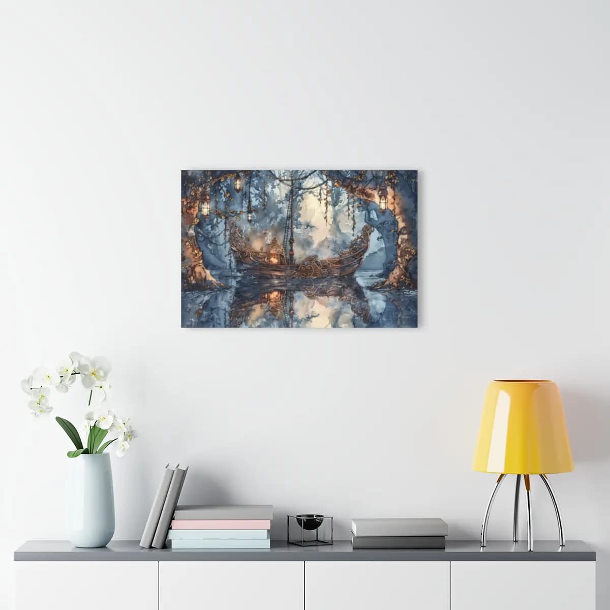Ornate Vessel Drifting Through an Enchanted Forest River - Acrylic Prints (French Cleat Hanging) mockup angle 4