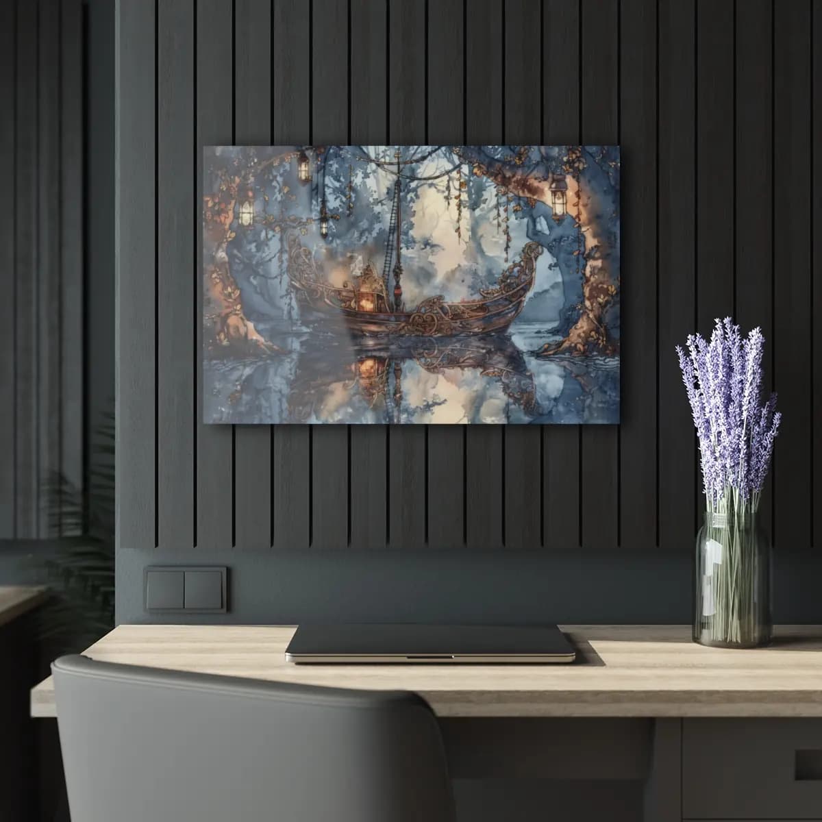 Ornate Vessel Drifting Through an Enchanted Forest River - Acrylic Prints (French Cleat Hanging) mockup angle 5