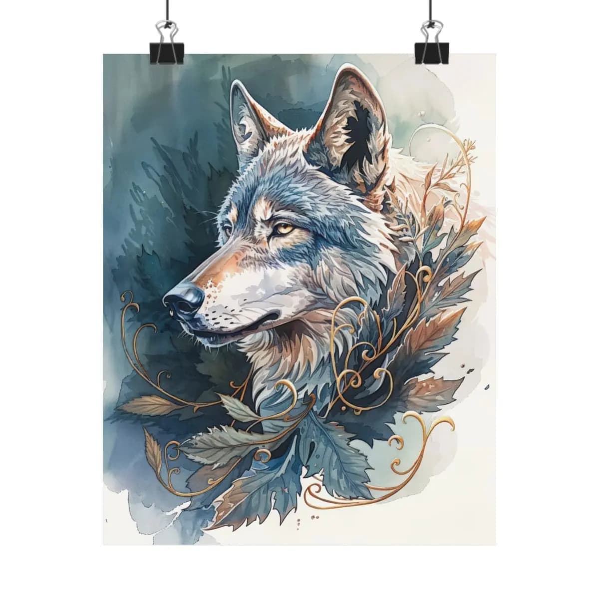 Wild Wolf Portrait with Golden Arabesques - Matte Vertical Posters mockup angle 1