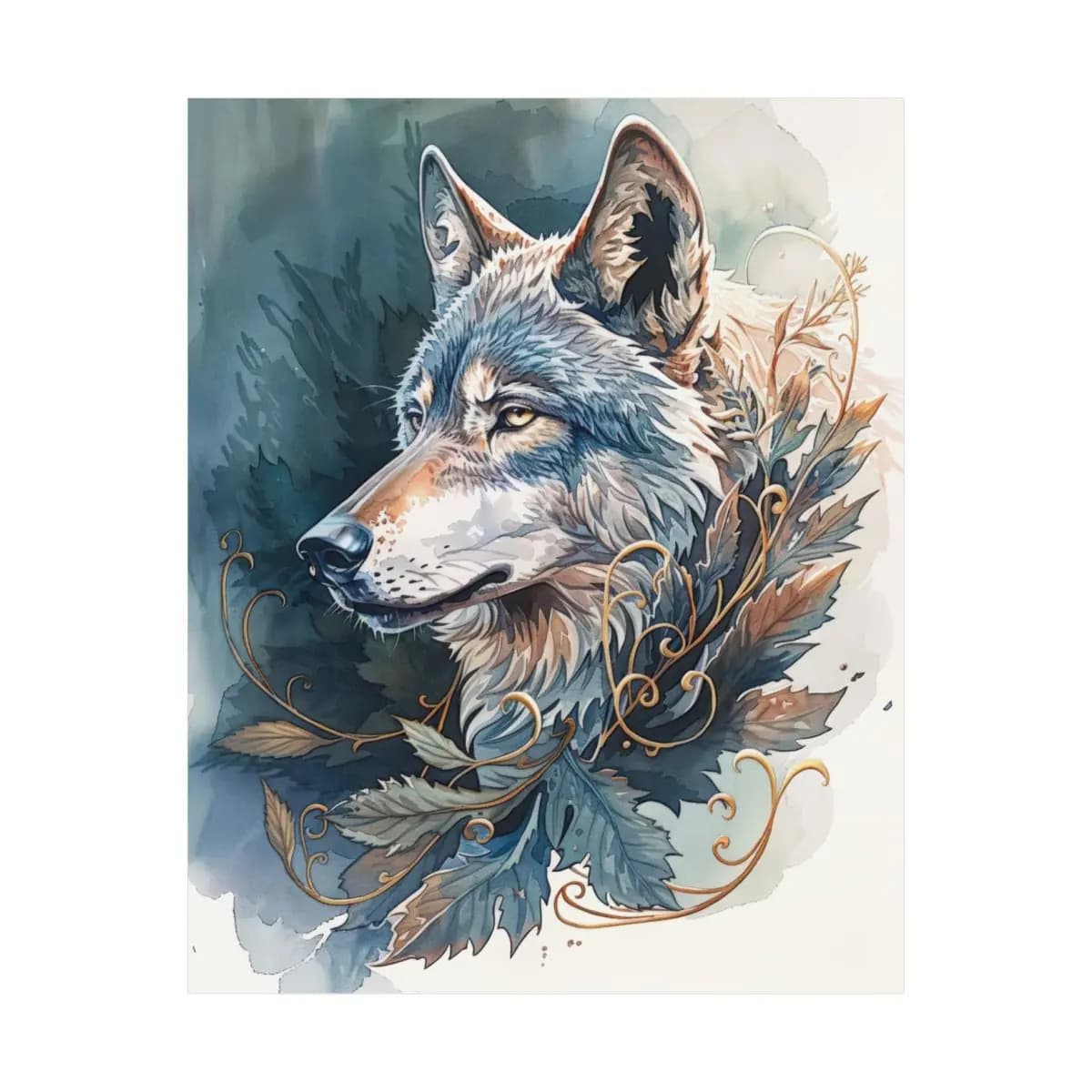 Wild Wolf Portrait with Golden Arabesques - Matte Vertical Posters mockup angle 2